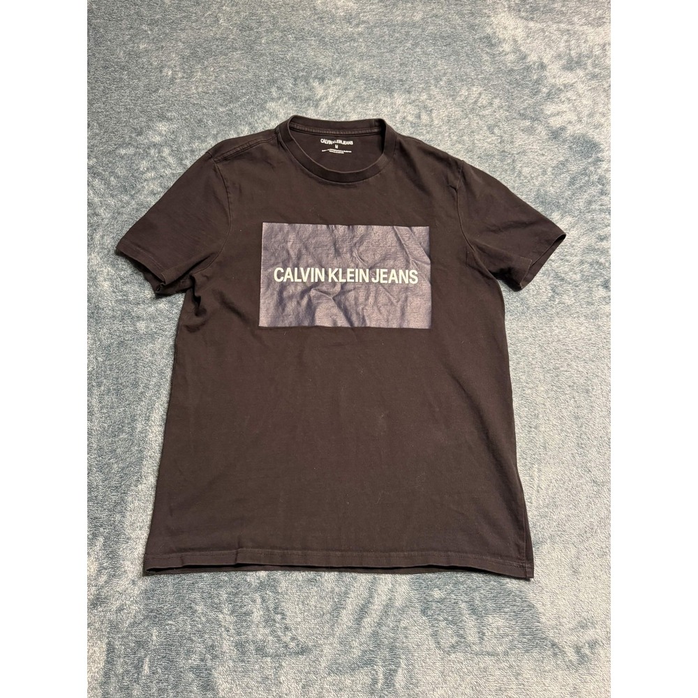 Calvin Klein Jeans Men Medium Black Box Logo Graphic Short Sleeve T-Shirt PTP 21